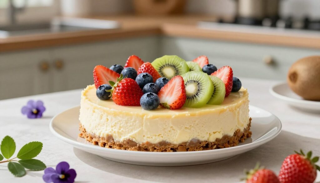 A beautifully arranged cheesecake topped with an array of fresh fruits, including vibrant strawberries, luscious blueberries, and slices of tangy kiwi. The cheesecake sits on an elegant white porcelain plate, surrounded by a light, airy table setting. In the foreground, delicate green leaves and edible flowers add a touch of sophistication. The middle layer features the smooth, creamy texture of the cheesecake contrasted by the bright colors of the fruits. Soft, natural lighting enhances the freshness and appeal, casting gentle shadows that create depth. In the background, a cozy kitchen with blurred wooden cabinets provides a homely atmosphere. Overall, the mood is cheerful and inviting, perfect for a springtime celebration. A beautifully arranged cheesecake topped with an array of fresh fruits, including vibrant strawberries, luscious blueberries, and slices of tangy kiwi. The cheesecake sits on an elegant white porcelain plate, surrounded by a light, airy table setting. In the foreground, delicate green leaves and edible flowers add a touch of sophistication. The middle layer features the smooth, creamy texture of the cheesecake contrasted by the bright colors of the fruits. Soft, natural lighting enhances the freshness and appeal, casting gentle shadows that create depth. In the background, a cozy kitchen with blurred wooden cabinets provides a homely atmosphere. Overall, the mood is cheerful and inviting, perfect for a springtime celebration.