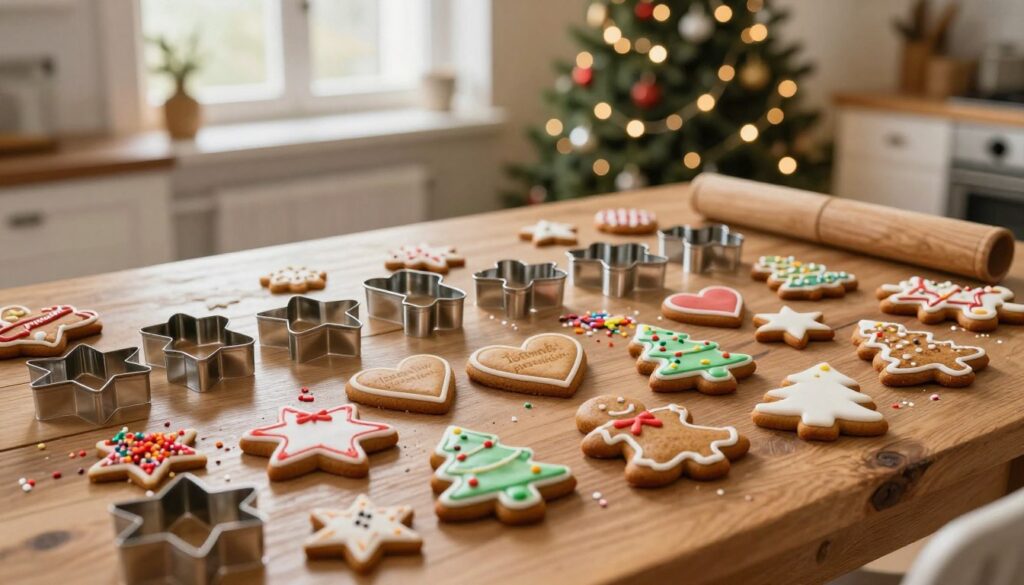 A beautifully arranged collection of intricate 3D gingerbread cookie molds, known as "foremki pierników," displayed on a rustic wooden table. In the foreground, various shaped molds—stars, hearts, and Christmas trees—are artistically scattered among colorful icing, sprinkles, and gingerbread dough. The middle ground captures a cozy kitchen scene, with warm light filtering through a window, illuminating the molds and creating a soft, inviting glow. In the background, a decorated Christmas tree twinkling with lights adds a festive ambiance. The scene evokes a cheerful and creative holiday spirit, emphasizing the artistry and joy of making festive cookies. The angle captures a slightly top-down view, showcasing the textures and details of the molds and decorations. A beautifully arranged collection of intricate 3D gingerbread cookie molds, known as "foremki pierników," displayed on a rustic wooden table. In the foreground, various shaped molds—stars, hearts, and Christmas trees—are artistically scattered among colorful icing, sprinkles, and gingerbread dough. The middle ground captures a cozy kitchen scene, with warm light filtering through a window, illuminating the molds and creating a soft, inviting glow. In the background, a decorated Christmas tree twinkling with lights adds a festive ambiance. The scene evokes a cheerful and creative holiday spirit, emphasizing the artistry and joy of making festive cookies. The angle captures a slightly top-down view, showcasing the textures and details of the molds and decorations.