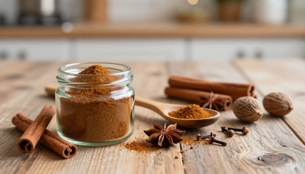 A beautifully arranged collection of spices commonly used to create traditional gingerbread seasoning, featuring cinnamon sticks, star anise, cloves, and nutmeg on a rustic wooden table. The foreground includes a small glass jar filled with the vibrant brown spice mix, sparkling in soft, natural light. In the middle, a wooden spoon rests next to the jar, with a few scattered spices adding texture. Background elements include a blurred, cozy kitchen scene with warm lighting to create an inviting atmosphere. The mood is warm and comforting, evoking the joy of home baking and the rich aromas of the holiday season. The composition should have a shallow depth of field, drawing focus to the spices while softly blurring the surrounding elements. A beautifully arranged collection of spices commonly used to create traditional gingerbread seasoning, featuring cinnamon sticks, star anise, cloves, and nutmeg on a rustic wooden table. The foreground includes a small glass jar filled with the vibrant brown spice mix, sparkling in soft, natural light. In the middle, a wooden spoon rests next to the jar, with a few scattered spices adding texture. Background elements include a blurred, cozy kitchen scene with warm lighting to create an inviting atmosphere. The mood is warm and comforting, evoking the joy of home baking and the rich aromas of the holiday season. The composition should have a shallow depth of field, drawing focus to the spices while softly blurring the surrounding elements.