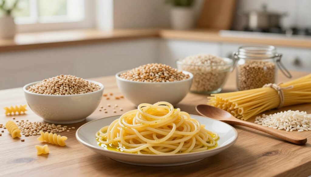 A beautifully arranged comparison of pasta with other grain products on a wooden table, showcasing various types of pasta like spaghetti, penne, and fusilli alongside grains such as rice, barley, and quinoa. In the foreground, delicate strands of cooked spaghetti twirl artfully on a plate, glistening with olive oil, while a wooden spoon rests beside it. In the middle ground, bowls of grains are presented, each filled to the brim, with some grains scattered artistically around. The background features a softly blurred kitchen setting with natural light streaming through a window, creating a warm and inviting atmosphere. The focus is sharp on the pasta and grains, highlighting their textures and colors, evoking a feeling of culinary exploration and health.