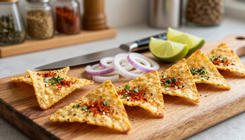 A beautifully arranged composition of triangular tortilla nachos on a rustic wooden cutting board, showcasing various cutting techniques. In the foreground, crisp, golden-brown triangles are sprinkled with colorful seasonings like paprika and fresh herbs, glistening under soft, natural light. In the middle, a sharp knife and a scattering of onion and lime wedges emphasize the process of slicing and seasoning the tortillas. The background features a blurred kitchen setting with shelves displaying spices and cooking utensils, evoking a warm, inviting atmosphere. The angle is slightly above, capturing the texture and detail of the nachos while creating an appetizing mood. The image conveys a sense of creativity and culinary passion, perfect for illustrating the art of nacho preparation. A beautifully arranged composition of triangular tortilla nachos on a rustic wooden cutting board, showcasing various cutting techniques. In the foreground, crisp, golden-brown triangles are sprinkled with colorful seasonings like paprika and fresh herbs, glistening under soft, natural light. In the middle, a sharp knife and a scattering of onion and lime wedges emphasize the process of slicing and seasoning the tortillas. The background features a blurred kitchen setting with shelves displaying spices and cooking utensils, evoking a warm, inviting atmosphere. The angle is slightly above, capturing the texture and detail of the nachos while creating an appetizing mood. The image conveys a sense of creativity and culinary passion, perfect for illustrating the art of nacho preparation.