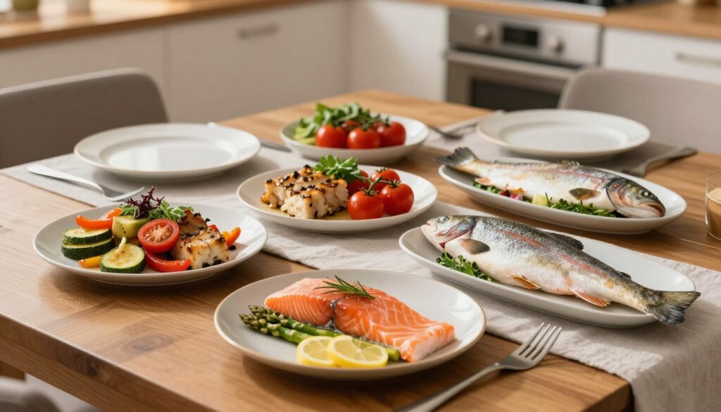 A beautifully arranged dining table showcasing various types of fish, including salmon, cod, and trout, each paired with harmonious vegetable accompaniments. In the foreground, the salmon is garnished with asparagus and lemon slices, while the cod displays vibrant cherry tomatoes and fresh herbs. The trout is complemented by sautéed zucchini and bell peppers. The middle ground features a polished wooden table set with elegant plates and cutlery, with a soft white tablecloth. In the background, a softly blurred kitchen setting emits warm, inviting light, creating a cozy atmosphere. The scene is captured from a top-down angle, emphasizing the colorful presentation of the dishes, evoking a sense of culinary creativity and a healthy dining experience.