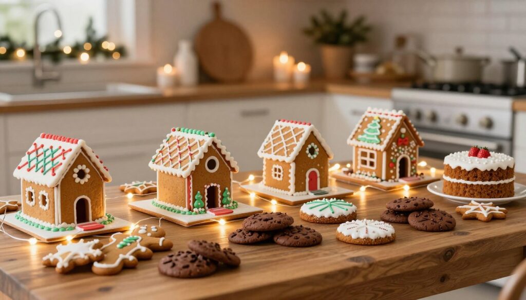 A beautifully arranged display of alternative holiday baked goods on a rustic wooden table, featuring creatively designed gingerbread houses made with colorful icing and unique toppings. The foreground showcases a variety of baked treats, such as gluten-free gingerbread, vegan chocolate cookies, and sugar-free festive cakes, all artfully presented. In the middle, a couple of intricately decorated gingerbread houses stand, surrounded by twinkling fairy lights, creating a warm, inviting atmosphere. The background features a softly blurred view of a cozy kitchen decorated for the holidays, with garlands and softly glowing candles. The lighting is warm and soft, evoking a festive, cheerful mood. The image is captured with a slight tilt-shift effect, giving it an enticing depth and focus on the baked goods. A beautifully arranged display of alternative holiday baked goods on a rustic wooden table, featuring creatively designed gingerbread houses made with colorful icing and unique toppings. The foreground showcases a variety of baked treats, such as gluten-free gingerbread, vegan chocolate cookies, and sugar-free festive cakes, all artfully presented. In the middle, a couple of intricately decorated gingerbread houses stand, surrounded by twinkling fairy lights, creating a warm, inviting atmosphere. The background features a softly blurred view of a cozy kitchen decorated for the holidays, with garlands and softly glowing candles. The lighting is warm and soft, evoking a festive, cheerful mood. The image is captured with a slight tilt-shift effect, giving it an enticing depth and focus on the baked goods.