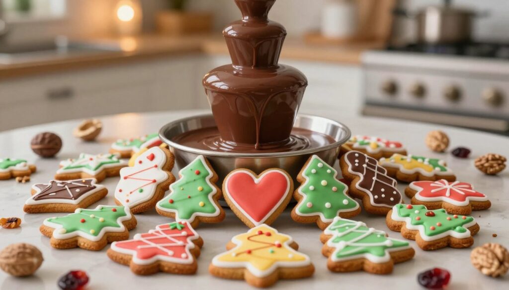 A beautifully arranged display of decorated gingerbread cookies in the foreground, showcasing glossy, colorful sugar paste and rich, drizzled chocolate. The cookies are varied in shape, illustrating festive designs such as stars, hearts, and trees, all with intricate detailing. In the middle ground, an elegantly crafted chocolate fountain is gently pouring warm chocolate, adding a sense of indulgence. Surrounding the scene, scattered nuts and dried fruits provide a natural contrast, enhancing the overall texture. The background has a cozy kitchen ambiance with soft, warm lighting reflecting off polished surfaces, creating an inviting atmosphere. The focus is clear, capturing the delightful interaction of textures and colors, evoking a sense of joy and creativity in holiday baking. A beautifully arranged display of decorated gingerbread cookies in the foreground, showcasing glossy, colorful sugar paste and rich, drizzled chocolate. The cookies are varied in shape, illustrating festive designs such as stars, hearts, and trees, all with intricate detailing. In the middle ground, an elegantly crafted chocolate fountain is gently pouring warm chocolate, adding a sense of indulgence. Surrounding the scene, scattered nuts and dried fruits provide a natural contrast, enhancing the overall texture. The background has a cozy kitchen ambiance with soft, warm lighting reflecting off polished surfaces, creating an inviting atmosphere. The focus is clear, capturing the delightful interaction of textures and colors, evoking a sense of joy and creativity in holiday baking.