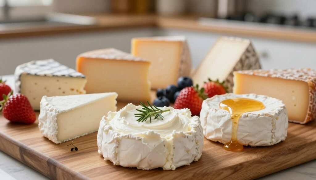 A beautifully arranged display of different types of cream cheeses on a wooden board. In the foreground, focus on three distinct varieties: a smooth, unadorned cream cheese, one with herbs, and another with a light drizzle of honey. The middle section features a variety of cheese textures and colors, alongside fresh fruits like strawberries and blueberries for contrast. In the background, a softly blurred kitchen setting with warm, natural lighting, highlighting the cozy atmosphere. The composition should capture the allure of these cheeses as key ingredients for desserts, evoking a sense of culinary expertise. Use a shallow depth of field to draw attention to the cheeses, creating an inviting and appetizing scene. A beautifully arranged display of different types of cream cheeses on a wooden board. In the foreground, focus on three distinct varieties: a smooth, unadorned cream cheese, one with herbs, and another with a light drizzle of honey. The middle section features a variety of cheese textures and colors, alongside fresh fruits like strawberries and blueberries for contrast. In the background, a softly blurred kitchen setting with warm, natural lighting, highlighting the cozy atmosphere. The composition should capture the allure of these cheeses as key ingredients for desserts, evoking a sense of culinary expertise. Use a shallow depth of field to draw attention to the cheeses, creating an inviting and appetizing scene.