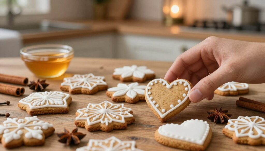A beautifully arranged display of freshly baked pierniczki, or gingerbread cookies, on a rustic wooden table. The cookies are intricately decorated with white icing in elaborate floral and heart patterns, showcasing their soft and moist texture. In the foreground, a hand gently reaches for one cookie, highlighting the inviting softness. The midground features an assortment of spices like cinnamon, cloves, and star anise, alongside a small bowl filled with honey. In the background, warm, soft lighting creates an inviting, cozy kitchen atmosphere, enhanced by the gentle glow of a vintage lamp. The depth of field blurs the background slightly to emphasize the delightful cookies in the foreground, evoking a sense of warmth and nostalgia perfect for a holiday season. A beautifully arranged display of freshly baked pierniczki, or gingerbread cookies, on a rustic wooden table. The cookies are intricately decorated with white icing in elaborate floral and heart patterns, showcasing their soft and moist texture. In the foreground, a hand gently reaches for one cookie, highlighting the inviting softness. The midground features an assortment of spices like cinnamon, cloves, and star anise, alongside a small bowl filled with honey. In the background, warm, soft lighting creates an inviting, cozy kitchen atmosphere, enhanced by the gentle glow of a vintage lamp. The depth of field blurs the background slightly to emphasize the delightful cookies in the foreground, evoking a sense of warmth and nostalgia perfect for a holiday season.