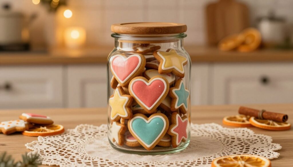 A beautifully arranged display of gingerbread cookies, shaped like hearts and stars, sitting in an elegant, clear glass jar with a wooden lid. The foreground showcases the jar filled to the brim with the colorful, decorated cookies. In the middle ground, a delicate lace tablecloth adds texture and warmth to the scene. The background features a softly lit kitchen shelf with festive decorations, such as dried orange slices and cinnamon sticks, enhancing the cozy atmosphere. Warm, ambient lighting creates a gentle glow around the jar, inviting the viewer to imagine the sweet aroma of freshly baked cookies. The mood is warm and inviting, perfect for Valentine’s Day gifting. A beautifully arranged display of gingerbread cookies, shaped like hearts and stars, sitting in an elegant, clear glass jar with a wooden lid. The foreground showcases the jar filled to the brim with the colorful, decorated cookies. In the middle ground, a delicate lace tablecloth adds texture and warmth to the scene. The background features a softly lit kitchen shelf with festive decorations, such as dried orange slices and cinnamon sticks, enhancing the cozy atmosphere. Warm, ambient lighting creates a gentle glow around the jar, inviting the viewer to imagine the sweet aroma of freshly baked cookies. The mood is warm and inviting, perfect for Valentine’s Day gifting.