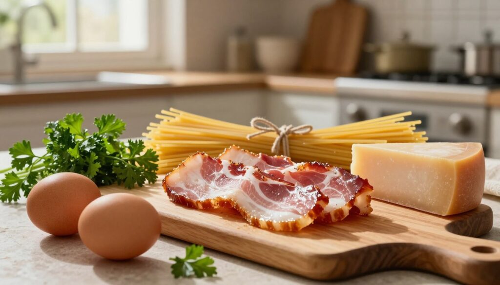 A beautifully arranged display of high-quality Italian cooking ingredients for spaghetti carbonara. In the foreground, a wooden cutting board holds fresh farm eggs, a block of rich Parmigiano-Reggiano cheese, and a handful of vibrant green parsley. The middle ground captures slices of authentic guanciale, glistening with flavor, surrounded by a bed of golden uncooked spaghetti. Behind, a rustic Italian kitchen scene is softly illuminated by warm, natural light filtering through a window, casting gentle shadows and highlighting the textures of the ingredients. The atmosphere is inviting and cozy, evoking the essence of traditional Italian gastronomy, with a focus on the importance of quality in each ingredient. A beautifully arranged display of high-quality Italian cooking ingredients for spaghetti carbonara. In the foreground, a wooden cutting board holds fresh farm eggs, a block of rich Parmigiano-Reggiano cheese, and a handful of vibrant green parsley. The middle ground captures slices of authentic guanciale, glistening with flavor, surrounded by a bed of golden uncooked spaghetti. Behind, a rustic Italian kitchen scene is softly illuminated by warm, natural light filtering through a window, casting gentle shadows and highlighting the textures of the ingredients. The atmosphere is inviting and cozy, evoking the essence of traditional Italian gastronomy, with a focus on the importance of quality in each ingredient.