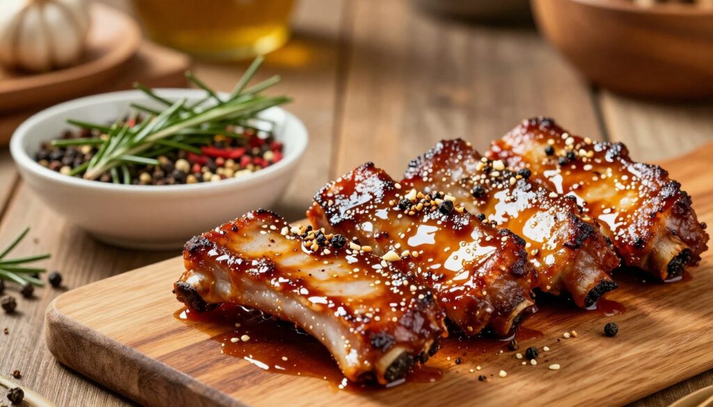 A beautifully arranged display of marinated pork ribs, showcasing their rich, tantalizing glaze. In the foreground, a wooden cutting board holds the ribs, glistening with a flavorful marinade made of soy sauce, honey, garlic, and spices. The middle ground features a bowl filled with vibrant herbs and spices used in the marinade, including fresh rosemary and cracked black pepper. The background softly blurs a rustic kitchen setting, with warm, inviting lighting that evokes a cozy atmosphere, enhancing the appearance of the food. The image should be captured with a slight top-down angle, using a shallow depth of field to emphasize the ribs and marinade while maintaining a warm, inviting color palette. The overall mood should be appetizing and rustic, perfect for illustrating the art of preparing a delicious marinade. A beautifully arranged display of marinated pork ribs, showcasing their rich, tantalizing glaze. In the foreground, a wooden cutting board holds the ribs, glistening with a flavorful marinade made of soy sauce, honey, garlic, and spices. The middle ground features a bowl filled with vibrant herbs and spices used in the marinade, including fresh rosemary and cracked black pepper. The background softly blurs a rustic kitchen setting, with warm, inviting lighting that evokes a cozy atmosphere, enhancing the appearance of the food. The image should be captured with a slight top-down angle, using a shallow depth of field to emphasize the ribs and marinade while maintaining a warm, inviting color palette. The overall mood should be appetizing and rustic, perfect for illustrating the art of preparing a delicious marinade.