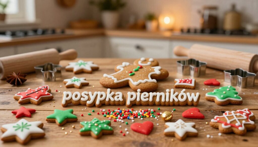 A beautifully arranged display of "posypka pierników" (gingerbread sprinkles) in the foreground, showcasing an assortment of colorful sugar decorations, including small stars, hearts, and festive shapes, in vibrant reds, greens, whites, and golds. The middle ground features a frosted gingerbread cookie, intricately decorated with icing and sparkles, set against a rustic wooden table. In the background, softly blurred, a quaint kitchen scene is depicted with warm, ambient lighting illuminating spices, rolling pins, and holiday-themed cookie cutters, creating a cozy, inviting atmosphere. The scene captures the joyous spirit of holiday baking while highlighting common mistakes that can occur in cookie decoration, infusing an air of warmth and nostalgia. A beautifully arranged display of "posypka pierników" (gingerbread sprinkles) in the foreground, showcasing an assortment of colorful sugar decorations, including small stars, hearts, and festive shapes, in vibrant reds, greens, whites, and golds. The middle ground features a frosted gingerbread cookie, intricately decorated with icing and sparkles, set against a rustic wooden table. In the background, softly blurred, a quaint kitchen scene is depicted with warm, ambient lighting illuminating spices, rolling pins, and holiday-themed cookie cutters, creating a cozy, inviting atmosphere. The scene captures the joyous spirit of holiday baking while highlighting common mistakes that can occur in cookie decoration, infusing an air of warmth and nostalgia.