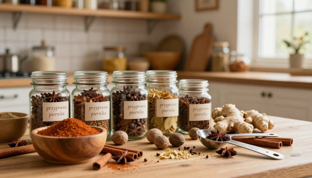 A beautifully arranged display of "przyprawa piernika" in a rustic kitchen setting, showcasing an assortment of aromatic spices such as cinnamon, nutmeg, ginger, and cloves. In the foreground, a wooden bowl overflowing with the spice mix sits next to a small selection of measuring spoons. In the middle, there are glass jars filled with individual spices, labeled attractively, casting subtle reflections. The background features a warm, inviting kitchen ambiance with wooden shelves lined with more ingredients. Soft, natural lighting filters through a nearby window, creating a cozy and inviting atmosphere, warmly illuminating the spices. The overall mood is one of warmth, comfort, and the delightful anticipation of baking. A beautifully arranged display of "przyprawa piernika" in a rustic kitchen setting, showcasing an assortment of aromatic spices such as cinnamon, nutmeg, ginger, and cloves. In the foreground, a wooden bowl overflowing with the spice mix sits next to a small selection of measuring spoons. In the middle, there are glass jars filled with individual spices, labeled attractively, casting subtle reflections. The background features a warm, inviting kitchen ambiance with wooden shelves lined with more ingredients. Soft, natural lighting filters through a nearby window, creating a cozy and inviting atmosphere, warmly illuminating the spices. The overall mood is one of warmth, comfort, and the delightful anticipation of baking.