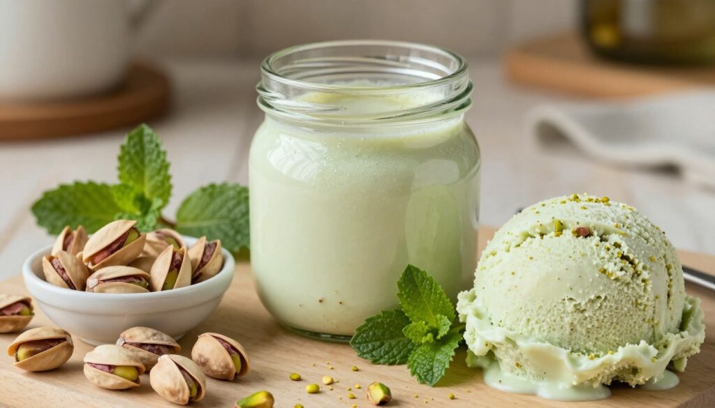 A beautifully arranged display of the essential ingredients for mint pistachio ice cream, featuring fresh pistachios in their shells and shelled in a small bowl, vibrant green mint leaves, a glass jar of creamy, rich custard base, and a scoop of light green pistachio ice cream. The foreground captures the textures of the pistachios and mint, while the middle ground shows the glass jar with a glistening surface under soft, warm lighting. The background softly blurs into a rustic kitchen setting, adding an inviting, homey feel. A warm, natural light filters through, creating an appealing atmosphere that feels fresh and appetizing. The angle is slightly overhead, inviting viewers to focus on this delightful array of ingredients. A beautifully arranged display of the essential ingredients for mint pistachio ice cream, featuring fresh pistachios in their shells and shelled in a small bowl, vibrant green mint leaves, a glass jar of creamy, rich custard base, and a scoop of light green pistachio ice cream. The foreground captures the textures of the pistachios and mint, while the middle ground shows the glass jar with a glistening surface under soft, warm lighting. The background softly blurs into a rustic kitchen setting, adding an inviting, homey feel. A warm, natural light filters through, creating an appealing atmosphere that feels fresh and appetizing. The angle is slightly overhead, inviting viewers to focus on this delightful array of ingredients.