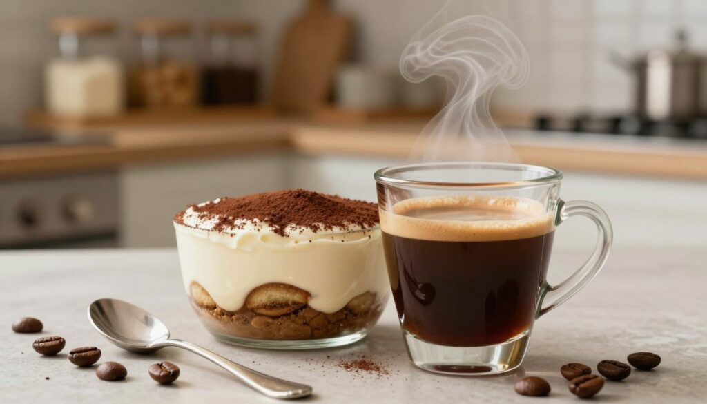 A beautifully arranged espresso coffee base for a tiramisu, featured prominently in the foreground. The scene includes a steaming, rich, dark espresso shot in a clear glass, reflecting warm coffee tones. Surrounding the glass, there are scattered coffee beans and an elegant teaspoon, hinting at preparation. In the middle, a creamy layer of mascarpone awaits, impeccably styled, with a dusting of cocoa powder on top. The background shows a soft-lit kitchen counter, with blurred shelves lined with baking ingredients, creating a warm, inviting atmosphere. The lighting is soft and natural, enhancing the cozy ambiance, captured from a slightly elevated angle to showcase the layered textures. The mood reflects both sophistication and comfort, ideal for a culinary experience. A beautifully arranged espresso coffee base for a tiramisu, featured prominently in the foreground. The scene includes a steaming, rich, dark espresso shot in a clear glass, reflecting warm coffee tones. Surrounding the glass, there are scattered coffee beans and an elegant teaspoon, hinting at preparation. In the middle, a creamy layer of mascarpone awaits, impeccably styled, with a dusting of cocoa powder on top. The background shows a soft-lit kitchen counter, with blurred shelves lined with baking ingredients, creating a warm, inviting atmosphere. The lighting is soft and natural, enhancing the cozy ambiance, captured from a slightly elevated angle to showcase the layered textures. The mood reflects both sophistication and comfort, ideal for a culinary experience.