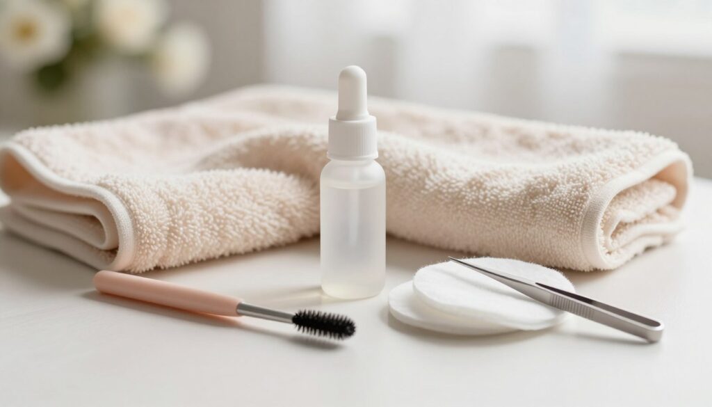 A beautifully arranged flat lay of essential eyelash cleaning accessories positioned on a soft, inviting background. In the foreground, include a gentle eyelash brush, a small bottle of gentle cleanser, cotton pads, and a pair of precision tweezers, all artistically placed. The middle layer features a light, pastel-colored towel, adding warmth and a touch of elegance. The background should be slightly blurred to keep the focus on the accessories, with soft natural light illuminating the scene, creating a serene and fresh atmosphere. A hint of floral elements can be added subtly in the back to enhance the aesthetic, while maintaining a clean and professional look. A beautifully arranged flat lay of essential eyelash cleaning accessories positioned on a soft, inviting background. In the foreground, include a gentle eyelash brush, a small bottle of gentle cleanser, cotton pads, and a pair of precision tweezers, all artistically placed. The middle layer features a light, pastel-colored towel, adding warmth and a touch of elegance. The background should be slightly blurred to keep the focus on the accessories, with soft natural light illuminating the scene, creating a serene and fresh atmosphere. A hint of floral elements can be added subtly in the back to enhance the aesthetic, while maintaining a clean and professional look.