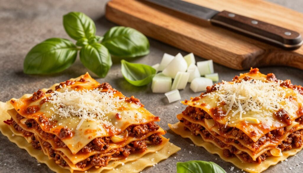 A beautifully arranged flat lay of essential ingredients for homemade lasagna, showcasing vibrant layers of fresh components. In the foreground, display sheets of lasagna pasta, rich bolognese sauce, mozzarella cheese, and grated parmesan. The middle layer features fresh basil leaves and diced onions, artfully scattered. In the background, a rustic wooden cutting board and a knife, hinting at a cooking ambiance. The lighting is warm and inviting, mimicking the golden hour, casting soft shadows to enhance the textures of the ingredients. The overall mood is cozy and homely, perfect for a family cooking atmosphere, emphasizing freshness and quality without any distractions or additional elements. A beautifully arranged flat lay of essential ingredients for homemade lasagna, showcasing vibrant layers of fresh components. In the foreground, display sheets of lasagna pasta, rich bolognese sauce, mozzarella cheese, and grated parmesan. The middle layer features fresh basil leaves and diced onions, artfully scattered. In the background, a rustic wooden cutting board and a knife, hinting at a cooking ambiance. The lighting is warm and inviting, mimicking the golden hour, casting soft shadows to enhance the textures of the ingredients. The overall mood is cozy and homely, perfect for a family cooking atmosphere, emphasizing freshness and quality without any distractions or additional elements.