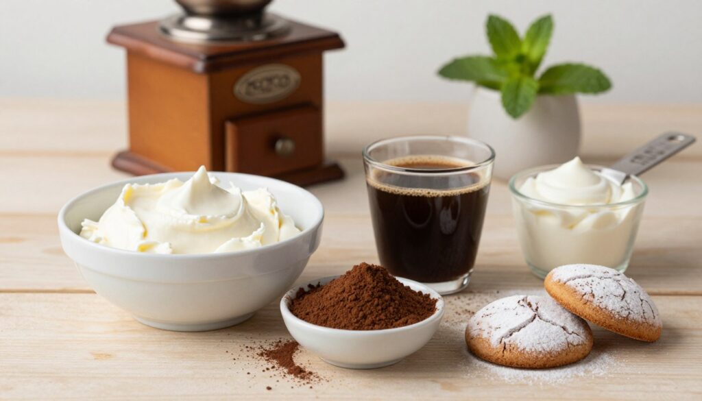 A beautifully arranged flat lay of essential ingredients for keto tiramisu, featuring a bowl of rich mascarpone cheese, a small dish of cocoa powder, keto-friendly coffee, almond flour cookies, and a measuring cup of heavy cream. The foreground showcases the ingredients artfully modeled with soft, natural lighting that highlights their textures. The middle ground includes a subtle wooden table surface for warmth, while the slightly blurred background displays delicate Italian decor elements, such as a faded vintage coffee grinder and a small vase of fresh mint leaves, enhancing an inviting culinary atmosphere. The overall mood is cozy and elegant, emphasizing the simplicity and indulgence of creating a low-carb dessert. A beautifully arranged flat lay of essential ingredients for keto tiramisu, featuring a bowl of rich mascarpone cheese, a small dish of cocoa powder, keto-friendly coffee, almond flour cookies, and a measuring cup of heavy cream. The foreground showcases the ingredients artfully modeled with soft, natural lighting that highlights their textures. The middle ground includes a subtle wooden table surface for warmth, while the slightly blurred background displays delicate Italian decor elements, such as a faded vintage coffee grinder and a small vase of fresh mint leaves, enhancing an inviting culinary atmosphere. The overall mood is cozy and elegant, emphasizing the simplicity and indulgence of creating a low-carb dessert.