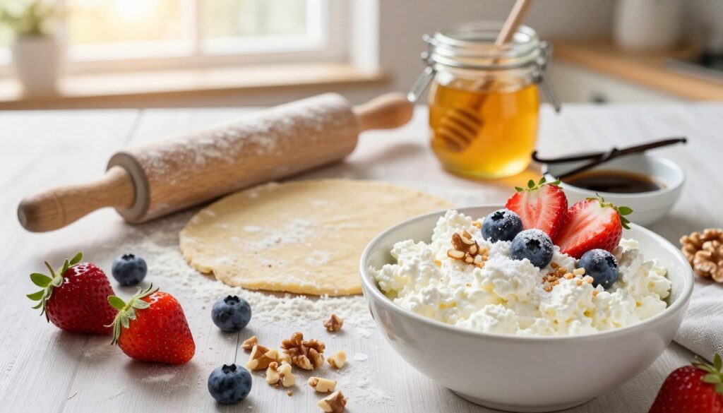A beautifully arranged flat lay of ingredients for a sweet cottage cheese pasta dish. In the foreground, prominently placed are a bowl of creamy cottage cheese topped with a sprinkle of icing sugar, fresh berries like strawberries and blueberries, and a handful of chopped nuts. In the middle, a rolling pin and a sheet of unrolled pasta dough lightly dusted with flour. A delicate jar of honey and a small dish of vanilla extract are nestled nearby. In the background, soft golden light filters through a kitchen window, creating a warm and inviting atmosphere. The scene should evoke a cozy and sweet feeling, perfect for inspiring culinary creativity. The overall image should be bright and soft-focused, emphasizing the delightful ingredients. A beautifully arranged flat lay of ingredients for a sweet cottage cheese pasta dish. In the foreground, prominently placed are a bowl of creamy cottage cheese topped with a sprinkle of icing sugar, fresh berries like strawberries and blueberries, and a handful of chopped nuts. In the middle, a rolling pin and a sheet of unrolled pasta dough lightly dusted with flour. A delicate jar of honey and a small dish of vanilla extract are nestled nearby. In the background, soft golden light filters through a kitchen window, creating a warm and inviting atmosphere. The scene should evoke a cozy and sweet feeling, perfect for inspiring culinary creativity. The overall image should be bright and soft-focused, emphasizing the delightful ingredients.