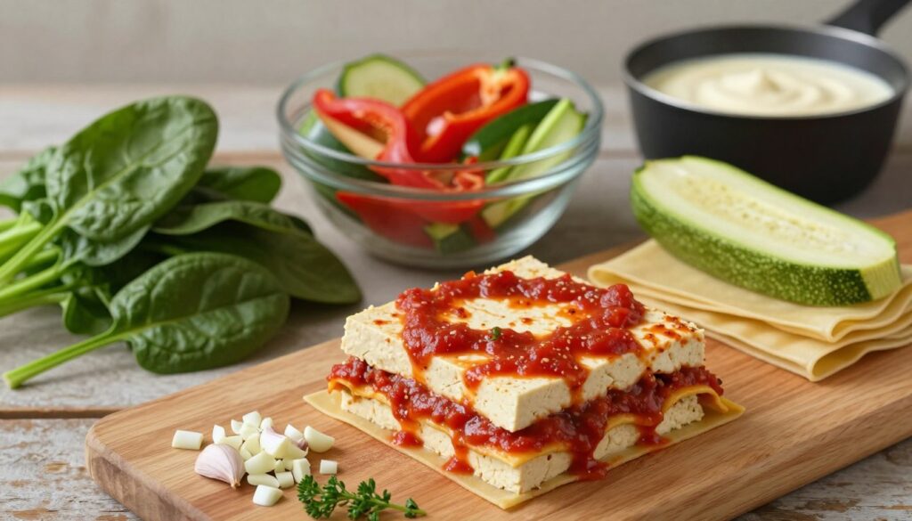 A beautifully arranged flat lay of ingredients for tofu lasagne, showcasing fresh, vibrant vegetables like spinach, zucchini, and bell peppers, alongside layers of tofu, pasta sheets, and a rich tomato sauce. In the foreground, a wooden cutting board displays chopped garlic and herbs, hinting at the preparation process. The middle ground features an elegant glass bowl filled with mixed ingredients, while the background subtly includes a creamy béchamel sauce in a small saucepan. Soft, natural lighting illuminates the scene, casting gentle shadows to enhance texture. The atmosphere is warm and inviting, evoking a sense of home cooking and culinary creativity, with a hint of rustic charm from the wooden surfaces. A beautifully arranged flat lay of ingredients for tofu lasagne, showcasing fresh, vibrant vegetables like spinach, zucchini, and bell peppers, alongside layers of tofu, pasta sheets, and a rich tomato sauce. In the foreground, a wooden cutting board displays chopped garlic and herbs, hinting at the preparation process. The middle ground features an elegant glass bowl filled with mixed ingredients, while the background subtly includes a creamy béchamel sauce in a small saucepan. Soft, natural lighting illuminates the scene, casting gentle shadows to enhance texture. The atmosphere is warm and inviting, evoking a sense of home cooking and culinary creativity, with a hint of rustic charm from the wooden surfaces.