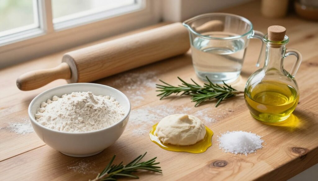 A beautifully arranged flat lay of pizza dough ingredients, showcasing a rustic wooden countertop. In the foreground, there are bowls containing fresh, high-quality all-purpose flour, a small mound of yeast, a pinch of salt, and a drizzle of olive oil. In the middle, a rolling pin is placed alongside a measuring cup filled with warm water, and a few sprigs of fresh rosemary for added flavor. In the background, soft natural light filters through a nearby window, casting gentle shadows and creating a warm, inviting atmosphere. The overall color palette includes earthy tones of the flour, olive oil's golden hue, and the rich green of the rosemary, evoking a sense of comfort and home-cooked goodness. A beautifully arranged flat lay of pizza dough ingredients, showcasing a rustic wooden countertop. In the foreground, there are bowls containing fresh, high-quality all-purpose flour, a small mound of yeast, a pinch of salt, and a drizzle of olive oil. In the middle, a rolling pin is placed alongside a measuring cup filled with warm water, and a few sprigs of fresh rosemary for added flavor. In the background, soft natural light filters through a nearby window, casting gentle shadows and creating a warm, inviting atmosphere. The overall color palette includes earthy tones of the flour, olive oil's golden hue, and the rich green of the rosemary, evoking a sense of comfort and home-cooked goodness.