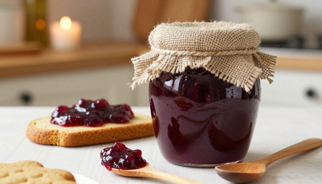 A beautifully arranged jar of homemade plum preserves (powidła śliwkowe) prominently displayed in the foreground, glistening in the soft sunlight. The jar is sealed with a rustic burlap cover, revealing a thick, dark purple spread inside. Surrounding the jar, a delicate wooden spoon rests, hinting at the rich texture. In the middle ground, a slice of moist gingerbread is elegantly positioned, topped generously with the plum preserve, showcasing the vibrant color contrast. The background features a warm, inviting kitchen setting with wooden shelves and soft-focus, glowing candlelight, creating a cozy atmosphere. The lighting is natural and soft, emphasizing the glossy texture of the preserves and the inviting appeal of the gingerbread. The overall mood conveys warmth, comfort, and a sense of homemade goodness. A beautifully arranged jar of homemade plum preserves (powidła śliwkowe) prominently displayed in the foreground, glistening in the soft sunlight. The jar is sealed with a rustic burlap cover, revealing a thick, dark purple spread inside. Surrounding the jar, a delicate wooden spoon rests, hinting at the rich texture. In the middle ground, a slice of moist gingerbread is elegantly positioned, topped generously with the plum preserve, showcasing the vibrant color contrast. The background features a warm, inviting kitchen setting with wooden shelves and soft-focus, glowing candlelight, creating a cozy atmosphere. The lighting is natural and soft, emphasizing the glossy texture of the preserves and the inviting appeal of the gingerbread. The overall mood conveys warmth, comfort, and a sense of homemade goodness.