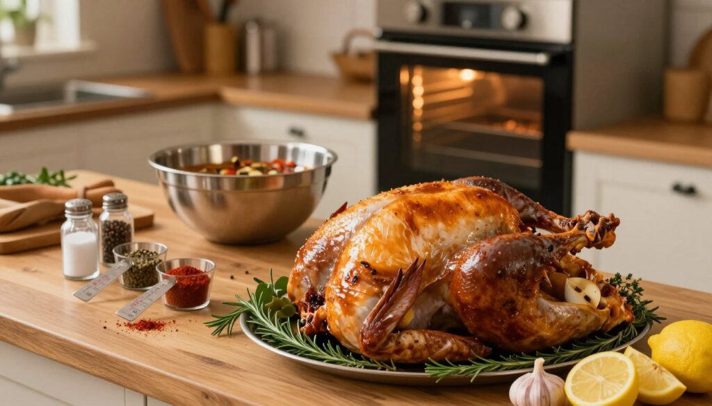 A beautifully arranged kitchen countertop dedicated to preparing a turkey for roasting. In the foreground, there’s a large, fresh turkey with its skin glistening under soft, warm lighting, surrounded by herbs like rosemary and thyme, along with slices of garlic and lemon. The middle layer features measuring cups with spices—salt, pepper, paprika—neatly organized next to a stainless-steel bowl containing a marinade mixture, highlighting the preparation process. In the background, an oven preheats, with soft ambient light giving a cozy feel to the space, showcasing wooden textures and rustic kitchen tools. The atmosphere is inviting and warm, evoking the anticipation of a delicious turkey meal, with a focus on the details of the preparation process. A beautifully arranged kitchen countertop dedicated to preparing a turkey for roasting. In the foreground, there’s a large, fresh turkey with its skin glistening under soft, warm lighting, surrounded by herbs like rosemary and thyme, along with slices of garlic and lemon. The middle layer features measuring cups with spices—salt, pepper, paprika—neatly organized next to a stainless-steel bowl containing a marinade mixture, highlighting the preparation process. In the background, an oven preheats, with soft ambient light giving a cozy feel to the space, showcasing wooden textures and rustic kitchen tools. The atmosphere is inviting and warm, evoking the anticipation of a delicious turkey meal, with a focus on the details of the preparation process.