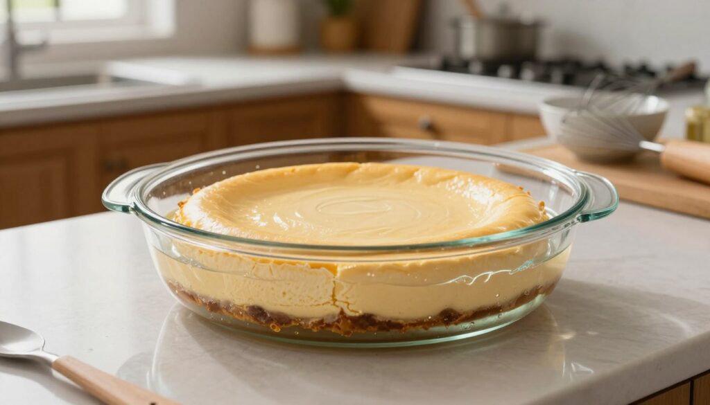 A beautifully arranged kitchen countertop featuring a cheesecake nestled in a water bath, illustrating the technique of "kąpiel wodna." In the foreground, focus on the creamy cheesecake, its smooth surface glistening under soft, warm lighting. The middle ground showcases an elegant glass baking dish filled with warm water, surrounding the cheesecake, casting gentle reflections. The background reveals a cozy kitchen setting with wooden cabinets and items like whisk and mixing bowls, subtly blurred to emphasize the baking process. The atmosphere is tranquil and inviting, with natural light filtering in from a nearby window, enhancing the colors and textures of the cheesecake and kitchen elements. The composition highlights the careful preparation involved to prevent the cheesecake from collapsing or cracking, evoking a sense of culinary mastery. A beautifully arranged kitchen countertop featuring a cheesecake nestled in a water bath, illustrating the technique of "kąpiel wodna." In the foreground, focus on the creamy cheesecake, its smooth surface glistening under soft, warm lighting. The middle ground showcases an elegant glass baking dish filled with warm water, surrounding the cheesecake, casting gentle reflections. The background reveals a cozy kitchen setting with wooden cabinets and items like whisk and mixing bowls, subtly blurred to emphasize the baking process. The atmosphere is tranquil and inviting, with natural light filtering in from a nearby window, enhancing the colors and textures of the cheesecake and kitchen elements. The composition highlights the careful preparation involved to prevent the cheesecake from collapsing or cracking, evoking a sense of culinary mastery.