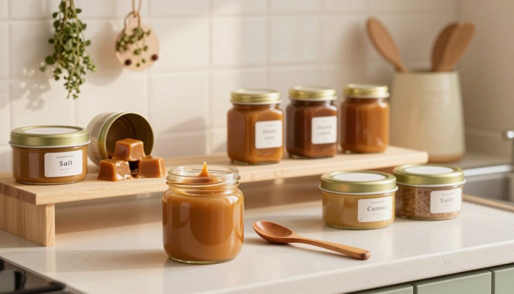 A beautifully arranged kitchen countertop featuring various containers for storing caramel. In the foreground, a glass jar filled with rich, golden-brown caramel sits beside a wooden spoon, glistening under warm, soft lighting. The middle layer showcases neatly labeled tins, some open to reveal chunks of caramel, while others display an assortment of flavors like sea salt or vanilla. In the background, there’s a blurred silhouette of a homey kitchen with hanging herbs and soft pastel colors enhancing the cozy atmosphere. The lighting should create a warm and inviting mood, reminiscent of a peaceful afternoon in a well-loved kitchen, emphasizing the care in storing and preserving caramel's rich color and flavor.