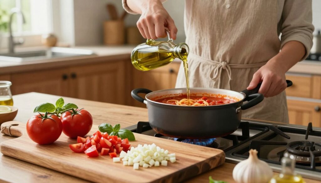 A beautifully arranged kitchen scene depicting the process of combining ingredients for spaghetti sauce. In the foreground, a rustic wooden cutting board is scattered with chopped fresh tomatoes, diced onions, and minced garlic, with a sprig of basil for garnish. A pot sits on the stove, simmering lightly with a vibrant, aromatic sauce. In the middle ground, a person in a modest casual outfit is pouring olive oil into the pot, their focused expression conveying passion for cooking. They are surrounded by a warm, inviting kitchen setup with wooden cabinets and soft, natural lighting filtering in from a nearby window. The atmosphere is cozy and inviting, perfect for creating a comforting meal. The shot is taken from a slightly elevated angle, emphasizing the action of combining the ingredients. A beautifully arranged kitchen scene depicting the process of combining ingredients for spaghetti sauce. In the foreground, a rustic wooden cutting board is scattered with chopped fresh tomatoes, diced onions, and minced garlic, with a sprig of basil for garnish. A pot sits on the stove, simmering lightly with a vibrant, aromatic sauce. In the middle ground, a person in a modest casual outfit is pouring olive oil into the pot, their focused expression conveying passion for cooking. They are surrounded by a warm, inviting kitchen setup with wooden cabinets and soft, natural lighting filtering in from a nearby window. The atmosphere is cozy and inviting, perfect for creating a comforting meal. The shot is taken from a slightly elevated angle, emphasizing the action of combining the ingredients.