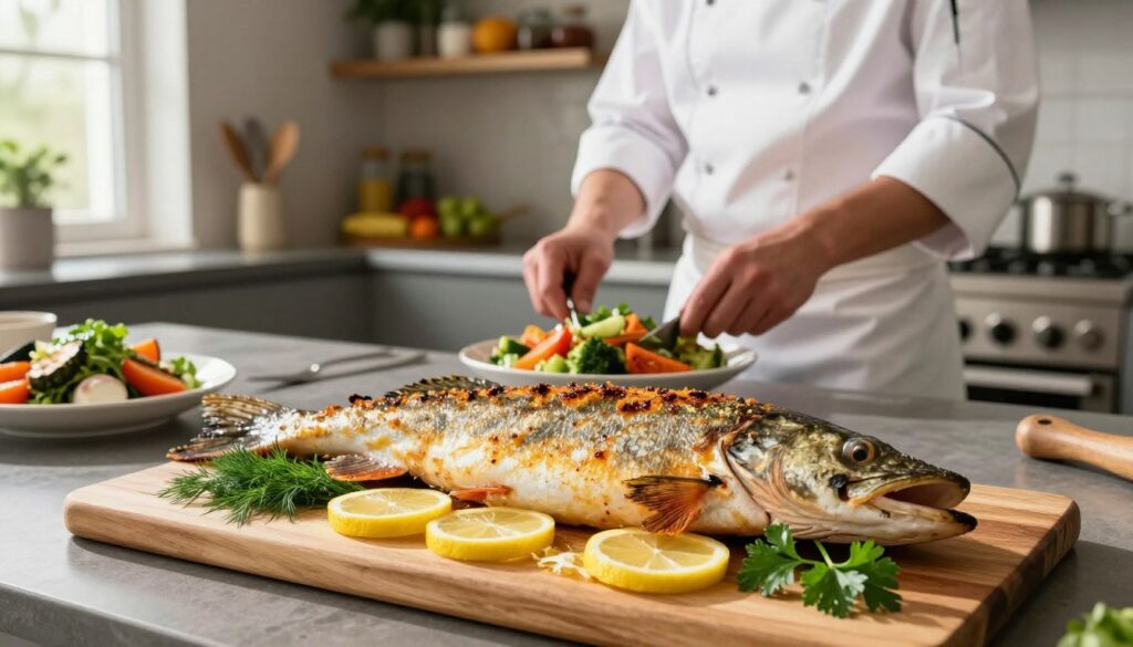 A beautifully arranged kitchen scene featuring a whole baked pike (szczupak) on a wooden cutting board, garnished with lemon slices and fresh herbs like dill and parsley. The pike is presented in the foreground, showcasing its golden, crispy skin. In the middle ground, a professional chef in a white apron prepares side dishes, including roasted vegetables and a vibrant salad, emphasizing the versatility of pike in various recipes. The kitchen background is warmly lit, with modern appliances and an array of colorful ingredients displayed on shelves, creating a cozy yet professional atmosphere. The sunlight streams in through a window, enhancing the inviting feel of the scene, highlighting the freshness of the ingredients used. A beautifully arranged kitchen scene featuring a whole baked pike (szczupak) on a wooden cutting board, garnished with lemon slices and fresh herbs like dill and parsley. The pike is presented in the foreground, showcasing its golden, crispy skin. In the middle ground, a professional chef in a white apron prepares side dishes, including roasted vegetables and a vibrant salad, emphasizing the versatility of pike in various recipes. The kitchen background is warmly lit, with modern appliances and an array of colorful ingredients displayed on shelves, creating a cozy yet professional atmosphere. The sunlight streams in through a window, enhancing the inviting feel of the scene, highlighting the freshness of the ingredients used.