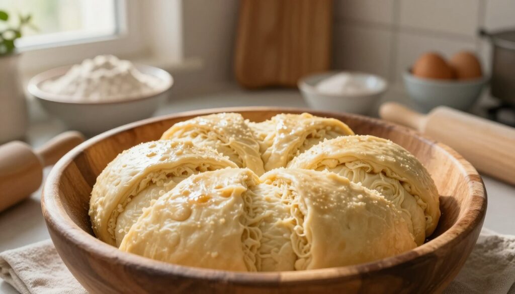A beautifully arranged kitchen scene featuring fresh, golden yeast dough rising in a rustic wooden bowl. The dough is visibly fluffy and airy, demonstrating its perfect fermentation, with subtle glossy highlights reflecting soft, warm lighting. Consider a close-up shot from a slightly above angle, capturing the texture and elasticity of the dough. In the background, various baking tools and ingredients such as flour, eggs, and a rolling pin are neatly organized, emphasizing a cozy and inviting atmosphere. The soft glow of sunlight streaming through a nearby window enhances the mood, giving a sense of warmth and creativity. The kitchen has a classic charm with wooden cabinets and ceramic bowls, adding to the rustic feel of the scene. A beautifully arranged kitchen scene featuring fresh, golden yeast dough rising in a rustic wooden bowl. The dough is visibly fluffy and airy, demonstrating its perfect fermentation, with subtle glossy highlights reflecting soft, warm lighting. Consider a close-up shot from a slightly above angle, capturing the texture and elasticity of the dough. In the background, various baking tools and ingredients such as flour, eggs, and a rolling pin are neatly organized, emphasizing a cozy and inviting atmosphere. The soft glow of sunlight streaming through a nearby window enhances the mood, giving a sense of warmth and creativity. The kitchen has a classic charm with wooden cabinets and ceramic bowls, adding to the rustic feel of the scene.