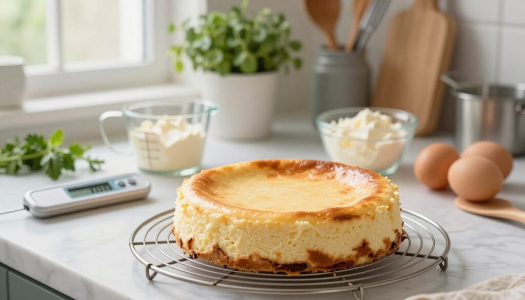A beautifully arranged kitchen scene focused on a baking process for a cheesecake. In the foreground, a perfectly baked cheesecake is cooling on a wire rack, showcasing its golden-brown top and smooth surface. The middle ground features various baking tools: a digital thermometer, measuring cups, and ingredients like cream cheese and eggs, all elegantly displayed on a marble countertop. In the background, soft natural light streams through a window, illuminating fresh herbs and kitchen utensils, creating a warm and inviting atmosphere. The overall mood emphasizes precision and care in baking, with a soft focus highlighting the cheesecake as the star of the scene. A beautifully arranged kitchen scene focused on a baking process for a cheesecake. In the foreground, a perfectly baked cheesecake is cooling on a wire rack, showcasing its golden-brown top and smooth surface. The middle ground features various baking tools: a digital thermometer, measuring cups, and ingredients like cream cheese and eggs, all elegantly displayed on a marble countertop. In the background, soft natural light streams through a window, illuminating fresh herbs and kitchen utensils, creating a warm and inviting atmosphere. The overall mood emphasizes precision and care in baking, with a soft focus highlighting the cheesecake as the star of the scene.