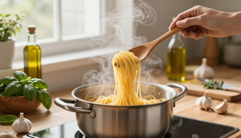 A beautifully arranged kitchen scene focused on a pot of al dente pasta being stirred with a wooden spoon. In the foreground, the glowing, steaming pot showcases the perfectly cooked spaghetti, with pasta strands elegantly flowing. In the middle, a wooden countertop filled with ingredients like fresh basil, garlic, and olive oil adds color and vibrancy to the image. In the background, a well-lit window allows natural light to flood the space, enhancing the warm, inviting atmosphere of cooking. The setting exudes a sense of comfort and homeliness, perfect for illustrating the art of cooking pasta to achieve that ideal non-sticky, springy texture. A beautifully arranged kitchen scene focused on a pot of al dente pasta being stirred with a wooden spoon. In the foreground, the glowing, steaming pot showcases the perfectly cooked spaghetti, with pasta strands elegantly flowing. In the middle, a wooden countertop filled with ingredients like fresh basil, garlic, and olive oil adds color and vibrancy to the image. In the background, a well-lit window allows natural light to flood the space, enhancing the warm, inviting atmosphere of cooking. The setting exudes a sense of comfort and homeliness, perfect for illustrating the art of cooking pasta to achieve that ideal non-sticky, springy texture.