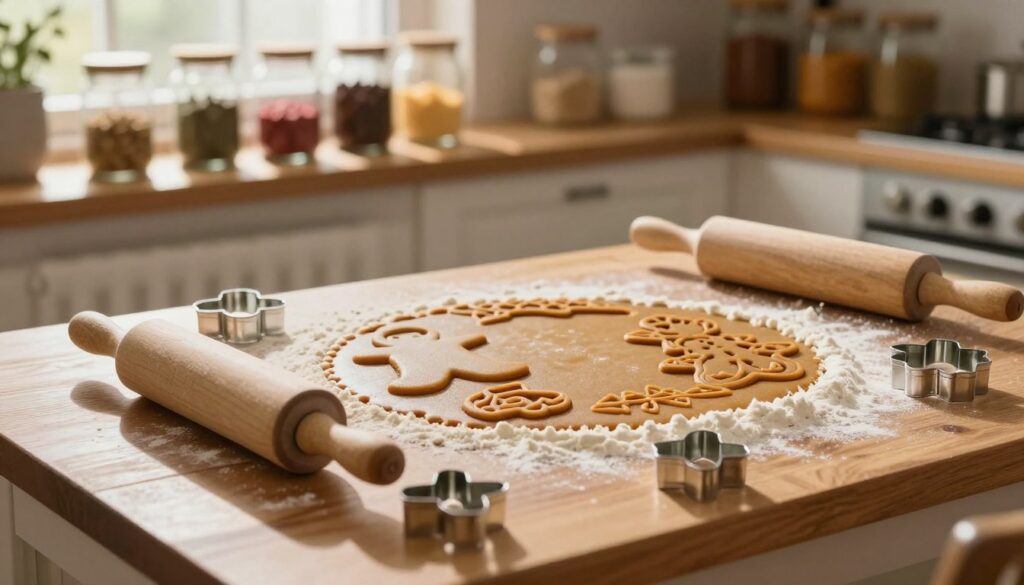 A beautifully arranged kitchen scene focused on the preparation of a gingerbread mold. In the foreground, a wooden table is scattered with an array of baking tools: a rolling pin, cookie cutters, and a flour-dusted surface. The middle ground features a partially shaped gingerbread mold, intricately designed with traditional patterns, ready to be filled. Soft, warm lighting filters through a nearby window, casting gentle shadows and creating a cozy atmosphere. In the background, shelves are lined with jars of colorful spices and baking ingredients, hinting at the rich flavors of gingerbread. The overall mood is warm and inviting, showcasing the essence of baking in a homey kitchen environment, perfect for the delightful task of making gingerbread. A beautifully arranged kitchen scene focused on the preparation of a gingerbread mold. In the foreground, a wooden table is scattered with an array of baking tools: a rolling pin, cookie cutters, and a flour-dusted surface. The middle ground features a partially shaped gingerbread mold, intricately designed with traditional patterns, ready to be filled. Soft, warm lighting filters through a nearby window, casting gentle shadows and creating a cozy atmosphere. In the background, shelves are lined with jars of colorful spices and baking ingredients, hinting at the rich flavors of gingerbread. The overall mood is warm and inviting, showcasing the essence of baking in a homey kitchen environment, perfect for the delightful task of making gingerbread.