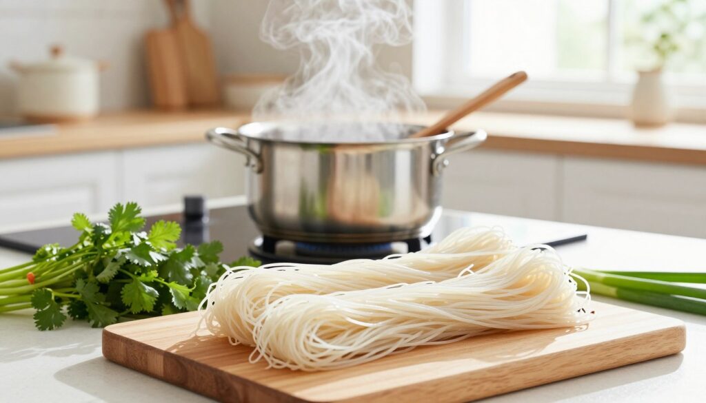 A beautifully arranged kitchen scene focusing on rice noodles, emphasizing the key principles of cooking them without becoming sticky. In the foreground, a wooden cutting board showcases a pile of perfectly cooked rice noodles, glistening with a light sheen. Surrounding them are fresh herbs like cilantro and green onions, adding vibrant color. In the middle ground, a stainless steel pot filled with steaming water and a wooden spoon rests on a modern stovetop, with gentle steam rising. The background features a bright, airy kitchen with white cabinets and an abundance of natural light streaming in through a window, creating a warm and inviting atmosphere. The overall mood is one of culinary mastery, simplicity, and approachability, ideal for home cooks. A beautifully arranged kitchen scene focusing on rice noodles, emphasizing the key principles of cooking them without becoming sticky. In the foreground, a wooden cutting board showcases a pile of perfectly cooked rice noodles, glistening with a light sheen. Surrounding them are fresh herbs like cilantro and green onions, adding vibrant color. In the middle ground, a stainless steel pot filled with steaming water and a wooden spoon rests on a modern stovetop, with gentle steam rising. The background features a bright, airy kitchen with white cabinets and an abundance of natural light streaming in through a window, creating a warm and inviting atmosphere. The overall mood is one of culinary mastery, simplicity, and approachability, ideal for home cooks.