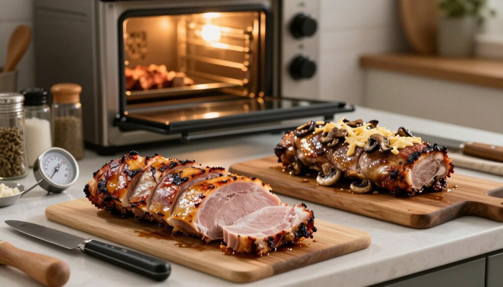 A beautifully arranged kitchen scene highlighting common mistakes in baking pork loin. In the foreground, show a partially cooked pork loin that is overly dry, with cracked surface and burnt edges. Beside it, a moist, perfectly seasoned roast with mushrooms and cheese indicates the contrast of successful baking. In the middle, display various cooking utensils scattered around: a meat thermometer, cutting board, and seasoning jars, suggesting a busy cooking process. In the background, a warm, inviting oven with its door slightly ajar emits a gentle golden light, illuminating the surroundings. The overall atmosphere is a blend of homey familiarity and culinary caution, emphasizing the importance of technique in baking pork. Soft, natural lighting enhances the mood, while the angle captures the richness of the kitchen environment.