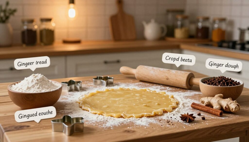 A beautifully arranged kitchen scene highlighting the essential ingredients for aromatic gingerbread dough. In the foreground, a wooden table showcases bowls filled with flour, honey, ground ginger, cinnamon, cloves, and nutmeg, each ingredient meticulously labeled and artistically presented. In the middle, a rolling pin and cookie cutters shaped like stars and hearts are surrounded by scattered spices and flour dust, adding a touch of messiness to the culinary vibe. The background features warm, ambient lighting from a soft overhead bulb, illuminating a rustic kitchen setting, complete with wooden shelves holding glass jars of spices. The mood is cozy and inviting, evoking the comforting essence of holiday baking, perfect for showcasing the heartwarming process of making festive treats. A beautifully arranged kitchen scene highlighting the essential ingredients for aromatic gingerbread dough. In the foreground, a wooden table showcases bowls filled with flour, honey, ground ginger, cinnamon, cloves, and nutmeg, each ingredient meticulously labeled and artistically presented. In the middle, a rolling pin and cookie cutters shaped like stars and hearts are surrounded by scattered spices and flour dust, adding a touch of messiness to the culinary vibe. The background features warm, ambient lighting from a soft overhead bulb, illuminating a rustic kitchen setting, complete with wooden shelves holding glass jars of spices. The mood is cozy and inviting, evoking the comforting essence of holiday baking, perfect for showcasing the heartwarming process of making festive treats.