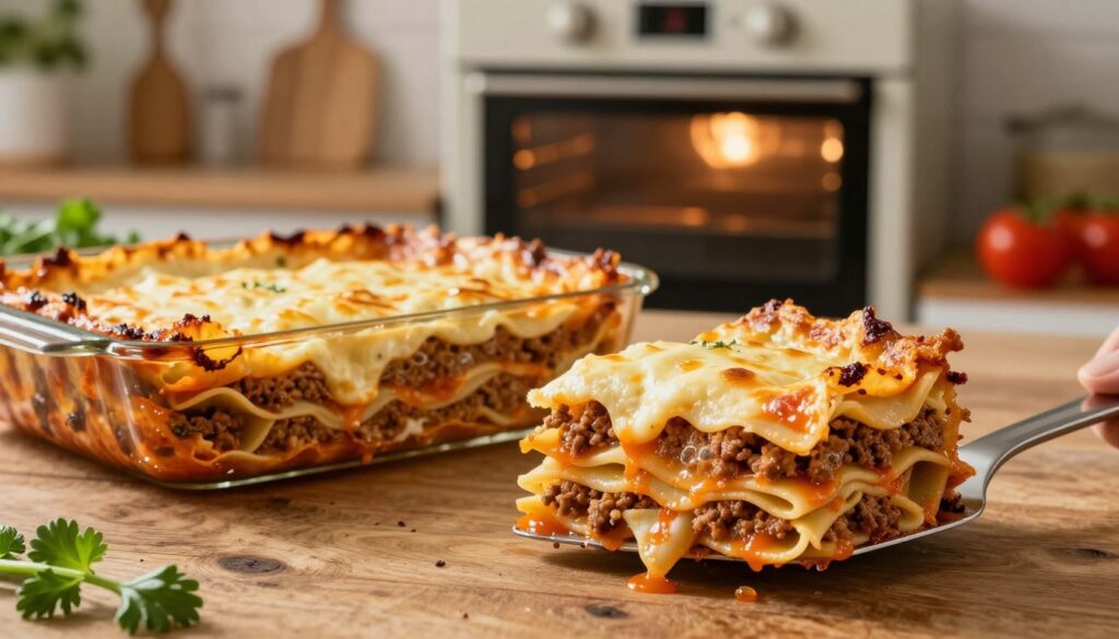 A beautifully arranged kitchen scene showcasing a freshly baked lasagna, visibly bubbling with golden cheese on top, and shown on a rustic wooden table. In the foreground, a close-up of a slice being lifted with a spatula, revealing layers of perfectly cooked pasta, meat, and sauce. In the middle ground, an oven with a clear view of its temperature dial set at the ideal baking temperature, emitting a warm glow. The background features hints of kitchen utensils and ingredients like fresh herbs and tomatoes, creating a cozy and inviting atmosphere. Natural light floods the space, highlighting the texture of the lasagna and illuminating the warmth of home cooking. The mood is inviting and appetizing, emphasizing the significance of oven temperature in achieving ideal pasta texture. A beautifully arranged kitchen scene showcasing a freshly baked lasagna, visibly bubbling with golden cheese on top, and shown on a rustic wooden table. In the foreground, a close-up of a slice being lifted with a spatula, revealing layers of perfectly cooked pasta, meat, and sauce. In the middle ground, an oven with a clear view of its temperature dial set at the ideal baking temperature, emitting a warm glow. The background features hints of kitchen utensils and ingredients like fresh herbs and tomatoes, creating a cozy and inviting atmosphere. Natural light floods the space, highlighting the texture of the lasagna and illuminating the warmth of home cooking. The mood is inviting and appetizing, emphasizing the significance of oven temperature in achieving ideal pasta texture.