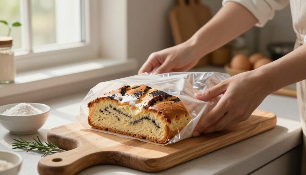 A beautifully arranged kitchen scene showcasing a traditional makowiec (poppy seed cake) being carefully wrapped in parchment paper and plastic wrap to preserve its moisture. In the foreground, the makowiec is on a wooden cutting board with a few sprigs of rosemary and a small bowl of powdered sugar beside it. In the middle, a warm and inviting kitchen with natural light streaming in through a window, illuminating the soft, fluffy texture of the cake. In the background, subtle hints of baking ingredients like flour and eggs can be seen on the countertop, creating a homely atmosphere. The overall mood is comforting and warm, evoking a sense of care in baking and preserving food. A beautifully arranged kitchen scene showcasing a traditional makowiec (poppy seed cake) being carefully wrapped in parchment paper and plastic wrap to preserve its moisture. In the foreground, the makowiec is on a wooden cutting board with a few sprigs of rosemary and a small bowl of powdered sugar beside it. In the middle, a warm and inviting kitchen with natural light streaming in through a window, illuminating the soft, fluffy texture of the cake. In the background, subtle hints of baking ingredients like flour and eggs can be seen on the countertop, creating a homely atmosphere. The overall mood is comforting and warm, evoking a sense of care in baking and preserving food.