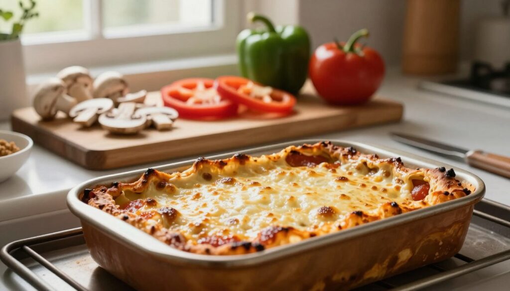 A beautifully arranged kitchen scene showcasing the art of baking a lasagna-style zapiekanka. In the foreground, focus on a fresh zapiekanka emerging from a rustic wooden oven, golden and bubbling with cheese. The middle layer features a wooden cutting board with fresh ingredients like sliced mushrooms, bell peppers, and rich tomato sauce, artfully scattered around. In the background, soft light streams through a window, casting gentle shadows, emphasizing the warm, inviting atmosphere of the kitchen. The whole composition should evoke a cozy, homely feeling, with an emphasis on the technical aspects of baking, including perfectly melted cheese and crusty edges, suggesting the ideal baking technique for a delicious result. A beautifully arranged kitchen scene showcasing the art of baking a lasagna-style zapiekanka. In the foreground, focus on a fresh zapiekanka emerging from a rustic wooden oven, golden and bubbling with cheese. The middle layer features a wooden cutting board with fresh ingredients like sliced mushrooms, bell peppers, and rich tomato sauce, artfully scattered around. In the background, soft light streams through a window, casting gentle shadows, emphasizing the warm, inviting atmosphere of the kitchen. The whole composition should evoke a cozy, homely feeling, with an emphasis on the technical aspects of baking, including perfectly melted cheese and crusty edges, suggesting the ideal baking technique for a delicious result.
