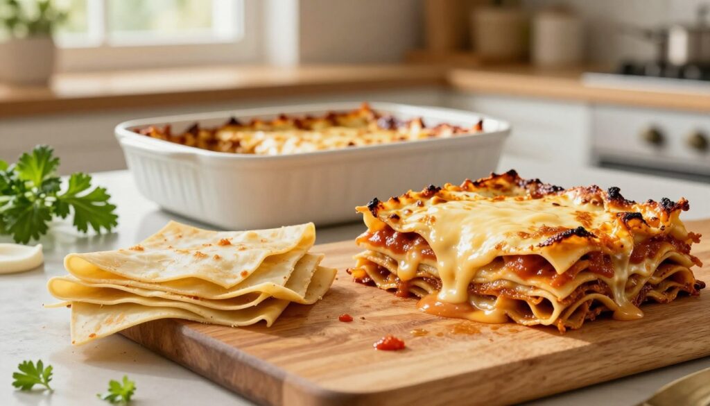 A beautifully arranged kitchen scene showcasing the most common mistakes in making lasagna. In the foreground, a wooden cutting board holds a messy pile of improperly layered lasagna sheets, uneven sauce distribution, and seeping cheese. A close-up shot captures the bubbling edges of a dish, highlighting burnt cheese and overcooked noodles. In the middle, an elegant casserole dish is partially filled with a well-made lasagna, contrasting the mistakes in the foreground. The background features a warm, inviting kitchen with soft, natural lighting filtering through a window, illuminating fresh herbs and cooking tools. The overall atmosphere is a blend of warmth and culinary creativity, focused on enhancing the viewer's understanding of common dairy-related pitfalls in lasagna preparation. A beautifully arranged kitchen scene showcasing the most common mistakes in making lasagna. In the foreground, a wooden cutting board holds a messy pile of improperly layered lasagna sheets, uneven sauce distribution, and seeping cheese. A close-up shot captures the bubbling edges of a dish, highlighting burnt cheese and overcooked noodles. In the middle, an elegant casserole dish is partially filled with a well-made lasagna, contrasting the mistakes in the foreground. The background features a warm, inviting kitchen with soft, natural lighting filtering through a window, illuminating fresh herbs and cooking tools. The overall atmosphere is a blend of warmth and culinary creativity, focused on enhancing the viewer's understanding of common dairy-related pitfalls in lasagna preparation.