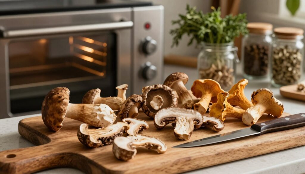 A beautifully arranged kitchen setting showcasing fresh mushrooms laid out on a rustic wooden cutting board, with a sharp knife nearby. In the foreground, focus on the intricate textures and natural colors of a variety of mushrooms, such as porcini and chanterelles, illuminated by warm, soft lighting that highlights their details. The middle ground features a traditional oven with a temperature dial set to a low heat, hinting at the cooking process. In the background, there are herbs and spices in neat jars, creating a cozy and inviting atmosphere. The composition evokes a sense of preparation and care, emphasizing the art of drying mushrooms in a way that preserves their natural aroma. The scene is captured with a warm color palette, giving an inviting and homely feel. A beautifully arranged kitchen setting showcasing fresh mushrooms laid out on a rustic wooden cutting board, with a sharp knife nearby. In the foreground, focus on the intricate textures and natural colors of a variety of mushrooms, such as porcini and chanterelles, illuminated by warm, soft lighting that highlights their details. The middle ground features a traditional oven with a temperature dial set to a low heat, hinting at the cooking process. In the background, there are herbs and spices in neat jars, creating a cozy and inviting atmosphere. The composition evokes a sense of preparation and care, emphasizing the art of drying mushrooms in a way that preserves their natural aroma. The scene is captured with a warm color palette, giving an inviting and homely feel.