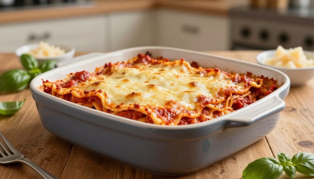 A beautifully arranged lasagna baking dish, crafted from durable ceramic, featuring elegant curves and a glossy finish. In the foreground, the dish is filled with layers of rich tomato sauce, creamy béchamel, and melted cheese, invitingly bubbling at the edges. The middle ground includes a rustic wooden table, adorned with fresh basil leaves and a small bowl of grated cheese, enhancing the culinary scene. The background is softly blurred to reveal a warm kitchen atmosphere, with warm, diffused lighting illuminating the dish, creating an inviting and homey mood. The angle captures the dish from a slight overhead perspective, emphasizing its shape and the luscious layers of the lasagna. No text or additional elements included. A beautifully arranged lasagna baking dish, crafted from durable ceramic, featuring elegant curves and a glossy finish. In the foreground, the dish is filled with layers of rich tomato sauce, creamy béchamel, and melted cheese, invitingly bubbling at the edges. The middle ground includes a rustic wooden table, adorned with fresh basil leaves and a small bowl of grated cheese, enhancing the culinary scene. The background is softly blurred to reveal a warm kitchen atmosphere, with warm, diffused lighting illuminating the dish, creating an inviting and homey mood. The angle captures the dish from a slight overhead perspective, emphasizing its shape and the luscious layers of the lasagna. No text or additional elements included.