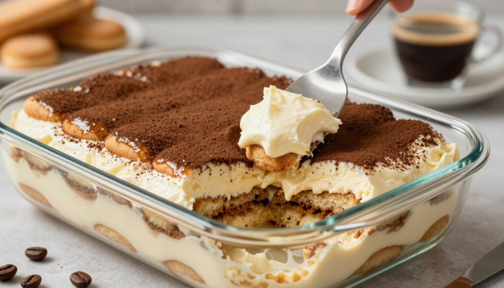 A beautifully arranged layer of egg-free tiramisu in a glass baking dish, showcasing rich, creamy mascarpone cheese interlaced with layers of coffee-soaked ladyfingers. The foreground features a close-up view of the dessert being delicately assembled, with a spatula spreading the luscious cream over the cookies, emphasizing textures and glossiness. In the middle, the layers of tiramisu are clearly visible, presenting a tempting contrast of light caramel and ivory tones. The background is softly blurred, featuring a kitchen countertop with coffee beans and a small cup of espresso, creating a warm and inviting atmosphere. The scene is bathed in soft, natural lighting to enhance the dessert's colors, evoking a sense of comfort and indulgence. A beautifully arranged layer of egg-free tiramisu in a glass baking dish, showcasing rich, creamy mascarpone cheese interlaced with layers of coffee-soaked ladyfingers. The foreground features a close-up view of the dessert being delicately assembled, with a spatula spreading the luscious cream over the cookies, emphasizing textures and glossiness. In the middle, the layers of tiramisu are clearly visible, presenting a tempting contrast of light caramel and ivory tones. The background is softly blurred, featuring a kitchen countertop with coffee beans and a small cup of espresso, creating a warm and inviting atmosphere. The scene is bathed in soft, natural lighting to enhance the dessert's colors, evoking a sense of comfort and indulgence.