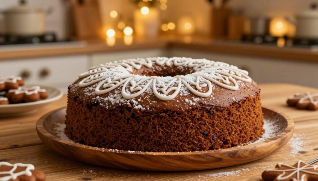 A beautifully arranged, moist gingerbread cake ("piernik") sits prominently in the foreground, showcasing its rich, dark brown, spiced surface, embellished with a light dusting of powdered sugar and delicate icing patterns. In the middle, an elegant wooden plate rests on a rustic table, highlighting the warm, inviting texture of the cake. Behind it, a softly blurred kitchen setting captures the essence of a cozy home, with warm fairy lights twinkling gently, creating an atmosphere of comfort and nostalgia. The lighting is soft and warm, mimicking a golden hour glow, emphasizing the inviting nature of the gingerbread. The overall mood is harmonious and festive, conveying a sense of tradition and deliciousness that makes this recipe stand out. A beautifully arranged, moist gingerbread cake ("piernik") sits prominently in the foreground, showcasing its rich, dark brown, spiced surface, embellished with a light dusting of powdered sugar and delicate icing patterns. In the middle, an elegant wooden plate rests on a rustic table, highlighting the warm, inviting texture of the cake. Behind it, a softly blurred kitchen setting captures the essence of a cozy home, with warm fairy lights twinkling gently, creating an atmosphere of comfort and nostalgia. The lighting is soft and warm, mimicking a golden hour glow, emphasizing the inviting nature of the gingerbread. The overall mood is harmonious and festive, conveying a sense of tradition and deliciousness that makes this recipe stand out.