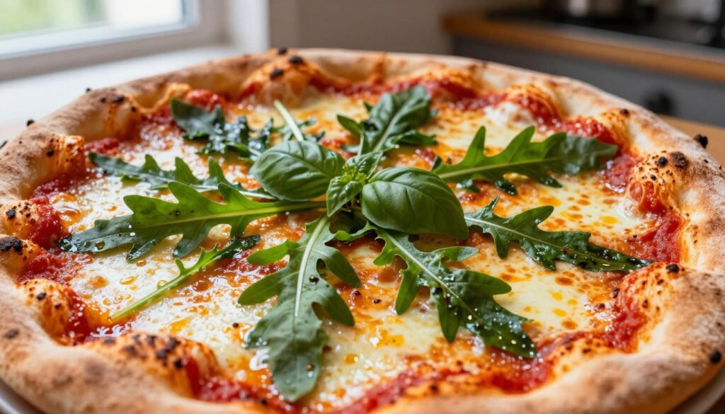 A beautifully arranged pizza fresh out of the oven, topped with freshly roasted arugula (rukola) and basil (bazylia) artfully draped over the melty, golden cheese. In the foreground, vibrant green leaves glisten slightly with oil, enhancing their freshness. The middle of the image features the crispy, perfectly baked crust, with a few bubbling spots of tomato sauce visible beneath the toppings. The background fades softly, suggesting a warm kitchen ambiance, with gentle light filtering in from a nearby window, creating a cozy atmosphere. The focus is on the texture of the toppings and the pizza, captured from a top-down angle, emphasizing the vibrant contrast between the deep reds of the sauce, the rich browns of the crust, and the lush greens of the herbs. A beautifully arranged pizza fresh out of the oven, topped with freshly roasted arugula (rukola) and basil (bazylia) artfully draped over the melty, golden cheese. In the foreground, vibrant green leaves glisten slightly with oil, enhancing their freshness. The middle of the image features the crispy, perfectly baked crust, with a few bubbling spots of tomato sauce visible beneath the toppings. The background fades softly, suggesting a warm kitchen ambiance, with gentle light filtering in from a nearby window, creating a cozy atmosphere. The focus is on the texture of the toppings and the pizza, captured from a top-down angle, emphasizing the vibrant contrast between the deep reds of the sauce, the rich browns of the crust, and the lush greens of the herbs.