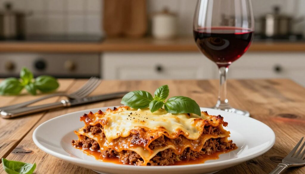 A beautifully arranged plate of classic lasagne bolognese, showcasing layers of rich meat sauce, creamy béchamel, and melted cheese, glistening under soft, warm lighting. In the foreground, the lasagne is garnished with fresh basil leaves, adding a pop of color. Beside it, a glass of deep red wine reflects a light source, highlighting its rich color and the delicate swirling of the liquid inside. The middle of the image includes a rustic wooden table setting, with an elegant fork and knife neatly placed. In the background, a blurred kitchen scene complements the homey atmosphere, featuring herbs and cooking utensils. The overall mood is inviting and warm, ideal for a comforting dinner. The angle is slightly tilted downward, providing a focused perspective on the dish and wine. A beautifully arranged plate of classic lasagne bolognese, showcasing layers of rich meat sauce, creamy béchamel, and melted cheese, glistening under soft, warm lighting. In the foreground, the lasagne is garnished with fresh basil leaves, adding a pop of color. Beside it, a glass of deep red wine reflects a light source, highlighting its rich color and the delicate swirling of the liquid inside. The middle of the image includes a rustic wooden table setting, with an elegant fork and knife neatly placed. In the background, a blurred kitchen scene complements the homey atmosphere, featuring herbs and cooking utensils. The overall mood is inviting and warm, ideal for a comforting dinner. The angle is slightly tilted downward, providing a focused perspective on the dish and wine.
