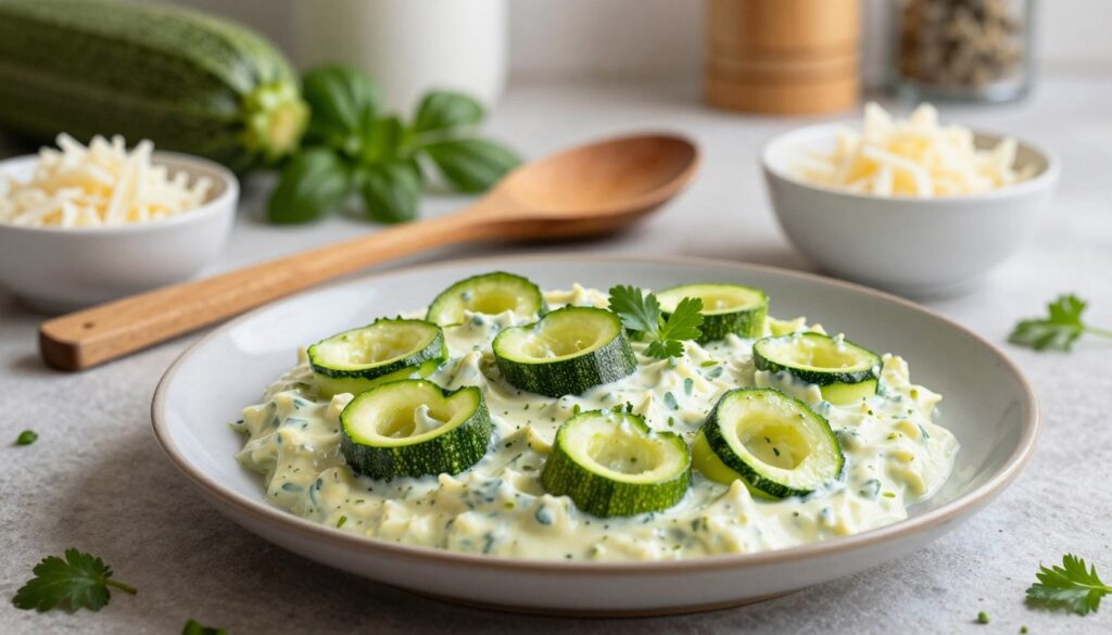 A beautifully arranged plate of creamy zucchini sauce, known as "sos z cukinii," in the foreground, showcasing vibrant green zucchini spirals mixed with a rich, light sauce. In the middle, a wooden spoon rests beside the plate, with small bowls of grated cheese and fresh herbs. In the background, a rustic kitchen setting, with soft, natural lighting illuminating the scene, highlighting the freshness of the ingredients. The atmosphere is warm and inviting, evoking a sense of comfort and home-cooked goodness. The angle is slightly elevated to capture the details of the dish and surrounding elements. No text or logos are present, ensuring a clean, professional image.