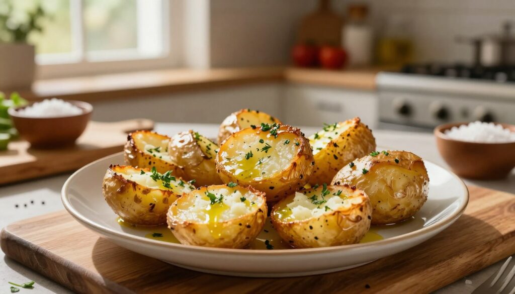 A beautifully arranged plate of golden-brown baked potatoes, glistening with a light sheen of olive oil and sprinkled with fresh herbs, sits elegantly in the foreground. Each potato is perfectly crispy on the outside, revealing a fluffy, creamy texture just beneath the skin. Surrounding the plate are rustic kitchen elements, like a wooden cutting board and a small bowl of sea salt. In the middle ground, a warm, inviting kitchen with soft, natural lighting flows through a nearby window, casting gentle shadows. In the background, hints of fresh vegetables and spices provide a homely atmosphere, suggesting a family meal being prepared. The mood is cozy and inviting, perfect for a comforting family dinner. The camera angle is slightly elevated to capture the beauty of the dish in detail. A beautifully arranged plate of golden-brown baked potatoes, glistening with a light sheen of olive oil and sprinkled with fresh herbs, sits elegantly in the foreground. Each potato is perfectly crispy on the outside, revealing a fluffy, creamy texture just beneath the skin. Surrounding the plate are rustic kitchen elements, like a wooden cutting board and a small bowl of sea salt. In the middle ground, a warm, inviting kitchen with soft, natural lighting flows through a nearby window, casting gentle shadows. In the background, hints of fresh vegetables and spices provide a homely atmosphere, suggesting a family meal being prepared. The mood is cozy and inviting, perfect for a comforting family dinner. The camera angle is slightly elevated to capture the beauty of the dish in detail.