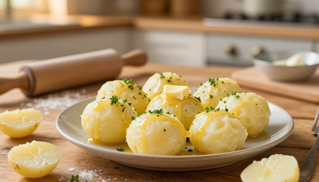 A beautifully arranged plate of "kluski leniwe," round and soft potato dumplings, garnished with a sprinkle of fresh herbs and a drizzle of melted butter. The foreground features the dumplings, glistening freshly made, with a few delicate pieces cut in half to reveal their fluffy texture. In the middle ground, a rustic wooden table adds warmth, complementing a rolling pin and flour scattered lightly, suggesting the preparation process. The background showcases a softly lit kitchen, with warm, golden lighting that creates a cozy atmosphere, emphasizing the heart of home cooking. The scene captures an inviting, homey feeling, ideal for illustrating a comforting culinary experience. No text or watermarks are present. A beautifully arranged plate of "kluski leniwe," round and soft potato dumplings, garnished with a sprinkle of fresh herbs and a drizzle of melted butter. The foreground features the dumplings, glistening freshly made, with a few delicate pieces cut in half to reveal their fluffy texture. In the middle ground, a rustic wooden table adds warmth, complementing a rolling pin and flour scattered lightly, suggesting the preparation process. The background showcases a softly lit kitchen, with warm, golden lighting that creates a cozy atmosphere, emphasizing the heart of home cooking. The scene captures an inviting, homey feeling, ideal for illustrating a comforting culinary experience. No text or watermarks are present.