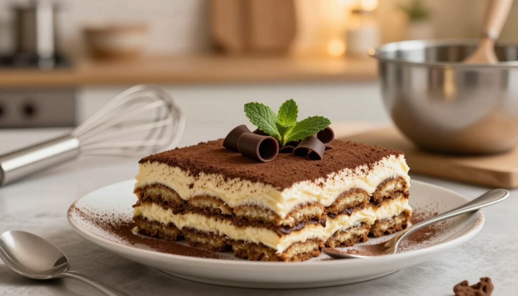 A beautifully arranged plate of krem tiramisu, showcasing its rich, creamy texture layered with coffee-soaked ladyfingers, dusted with cocoa powder. In the foreground, a spoon gently rests beside the dessert, inviting viewers to indulge. The tiramisu is topped with delicate chocolate curls and a sprig of fresh mint, adding a touch of elegance. In the middle ground, there are blurred kitchen tools like a whisk and a mixing bowl, suggesting a homey ambiance of dessert preparation. The background features a softly lit kitchen scene with warm, ambient lighting, creating a cozy atmosphere. A shallow depth of field focuses on the tiramisu while softly blurring the background. The overall mood is inviting and warm, encouraging the viewer to explore simple tricks to rescue a delicate dessert.